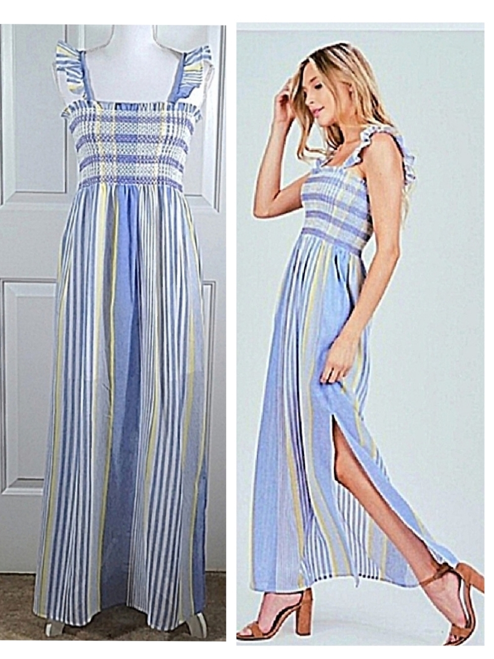 NWT Cotton Maxi Dress Sundress w/ Ruffle Straps Striped Blue Yellow & White